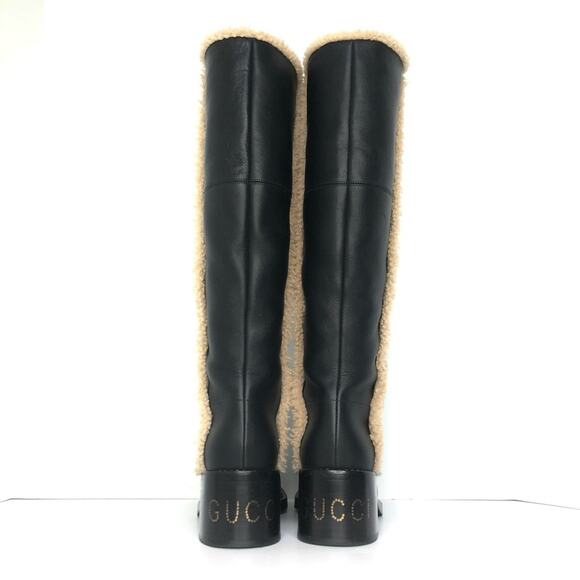 Gucci Shearling Trim Black Leather Knee High Pull On Riding Boots 37 - Picture 5 of 10